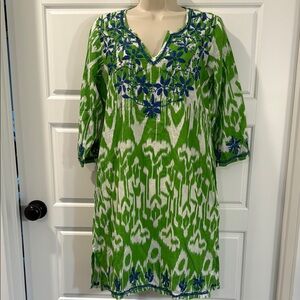 Gretchen Scott Embroidered 3/4 Sleeve Tunic V Neck Dress with pockets Small